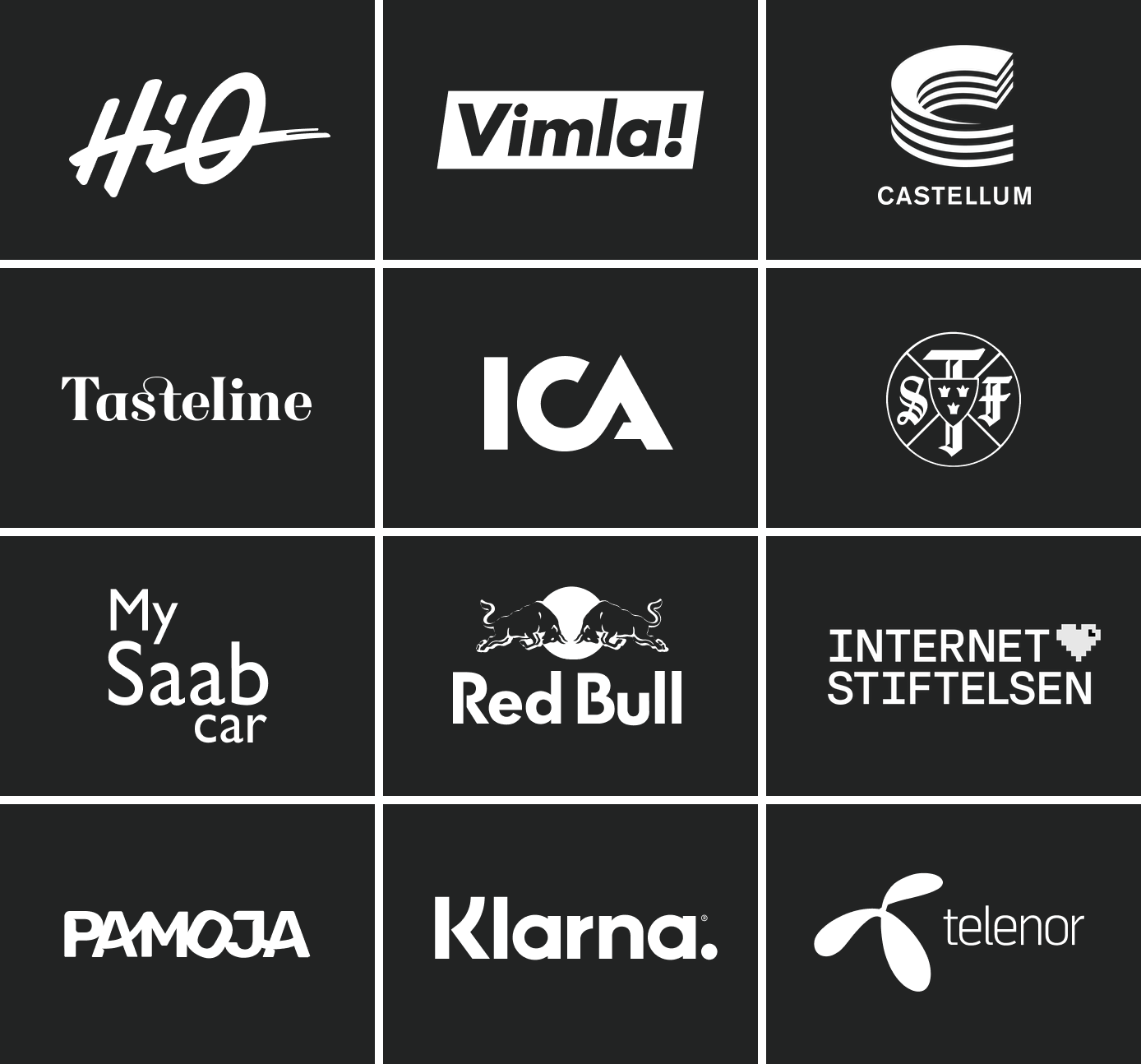 Bild som visar logotyperna för företagen TUI, Amnesty, Telenor, Orio, Red Bull, UR, H&M, Klarna, MTV